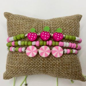 Handmade Adjustable Set Bracelets Green Pink with Beads and Polymer Clay Charm